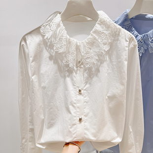 2026新款法式气质娃娃领刺绣拼接纯色单排扣长袖衬衫女春薄款上衣