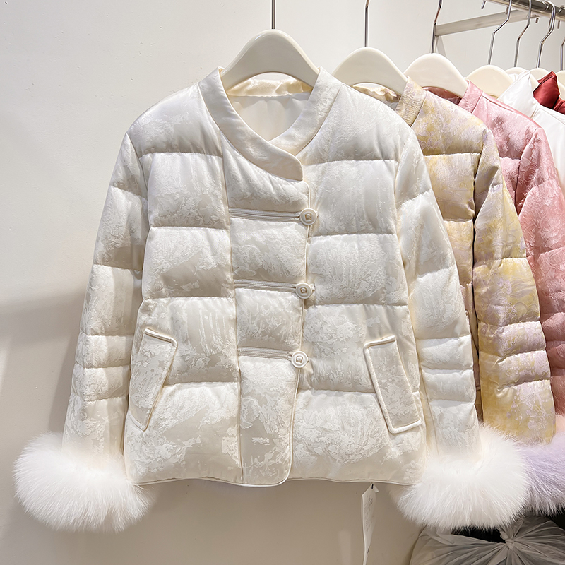 2025新款国风气质立领印花袖子毛毛可拆卸加厚短款羽绒服女冬季