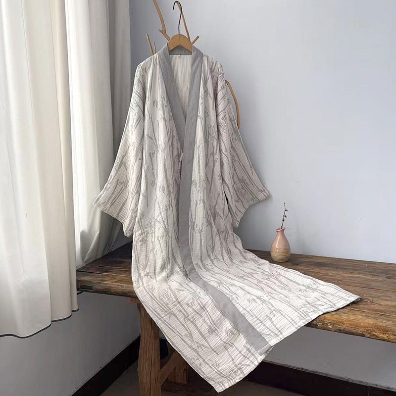 秋款三层棉纱国风汉服长袍家居服汉元素睡衣禅服古风拼色纯棉睡袍