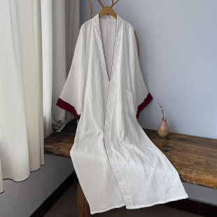 纯棉拼色白色汉服长袍家居服睡衣禅服新中式古风民宿睡袍浴衣