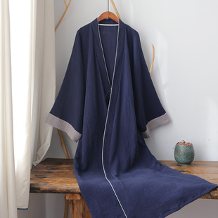 夏季中国风汉服长袍纯棉睡衣家居服睡袍大码浴袍拼色古风禅服中式