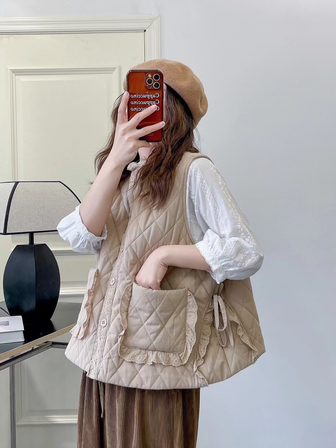 森系花边系带刺绣棉马甲女宽松百搭小清新双口袋绣花菱形格棉坎肩