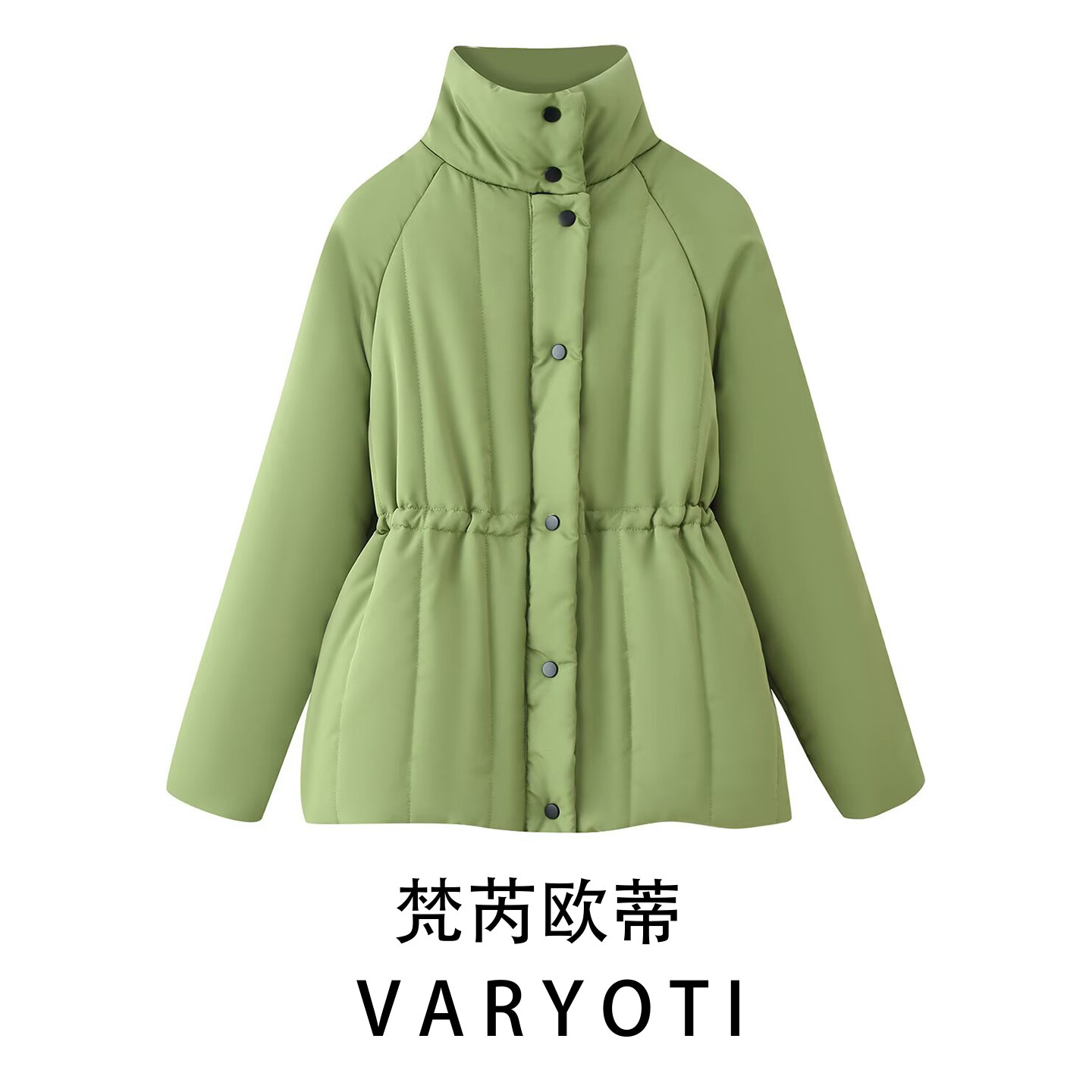 欧美风绿色按扣立领秋季女棉服