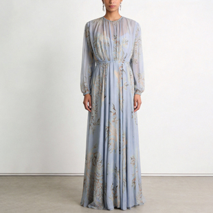 复古灯笼袖雾蓝色长裙假两件收腰显瘦连衣裙显白天丝印花裙约会裙