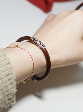 西藏天然鸡血藤纯银新中式手串手镯男女情侣