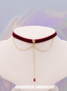 玫瑰水滴气质酒红丝绒原创项圈