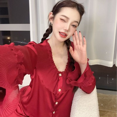 春秋新款冰丝睡衣长袖甜美公主风娃娃领高级感可外穿家居服套装