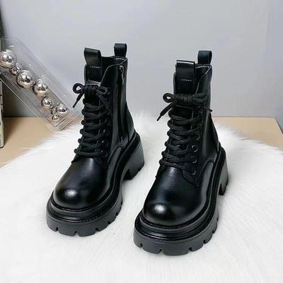 百搭爆款英伦风加绒真皮增高靴子