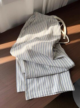 韩系蓝色条纹棉麻裤女夏薄款松弛感抽绳拖地遛弯裤百搭休闲裤长裤