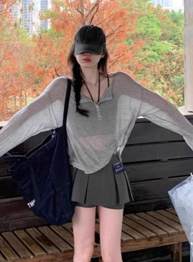 亨利领灰色宽松显瘦针织罩衫女夏薄款防晒慵懒风长袖T恤微透上衣