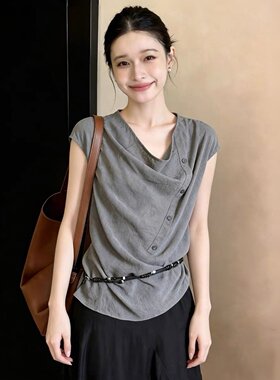 高级感灰色荡领短袖衬衫女夏季不规则衬衣松弛感外穿气质小众上衣