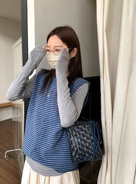 韩系复古蓝色条纹针织马甲女早春高级感毛衣开衫背心外套无袖上衣