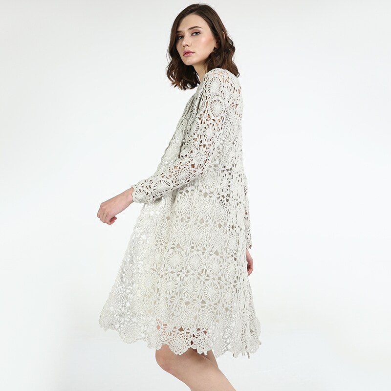 细柳春季新款手工镂空勾花针织长袖外套百搭中长款女外搭宽松开衫