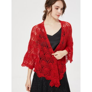 细柳纯手工镂空钩花大红色配婚礼披肩旗袍气质外搭高雅羊毛围巾女