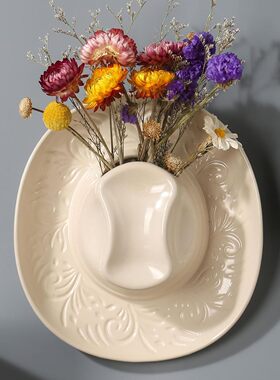 跨境热销Ceramic Cowgirl Hat Hanging Vase创意牛仔帽挂墙花盆瓶