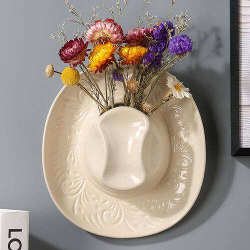 跨境热销Ceramic Cowgirl Hat Hanging Vase创意牛仔帽挂墙花盆瓶