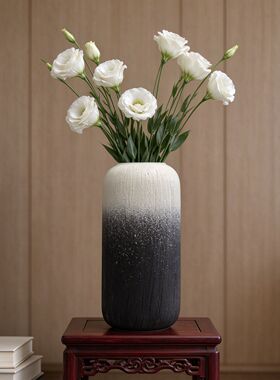 跨境简约黑白渐变色粗砂陶瓷花瓶圆柱形花瓶客厅桌面干花装饰摆件