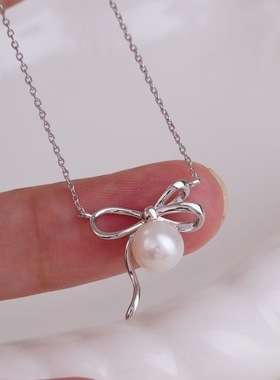 珍珠吊坠配件 s925纯银含项链蝴蝶结套链diy项坠空托手工制作饰品