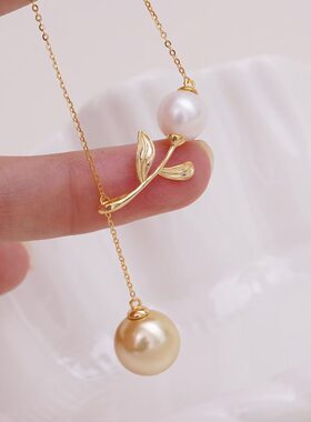 珍珠吊坠配件 s925纯银含项链 配件套链 diy双珠项坠空托手工饰品