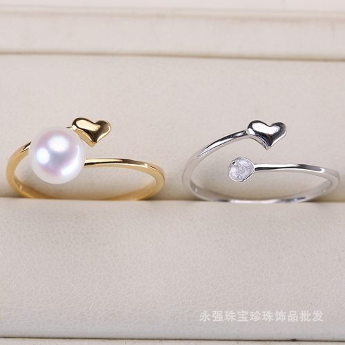 DIY配件 S925纯银开口可调节心形珍珠戒指空托半成品手工制作手饰