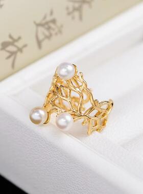 s925纯银戒指环 银饰多珠可调节珍珠戒指托DIY手工制作银配件空托