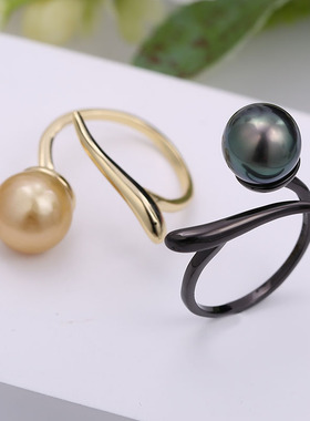 s925纯银戒指环 银饰枪黑可调节珍珠戒指托 DIY手工制作银配件