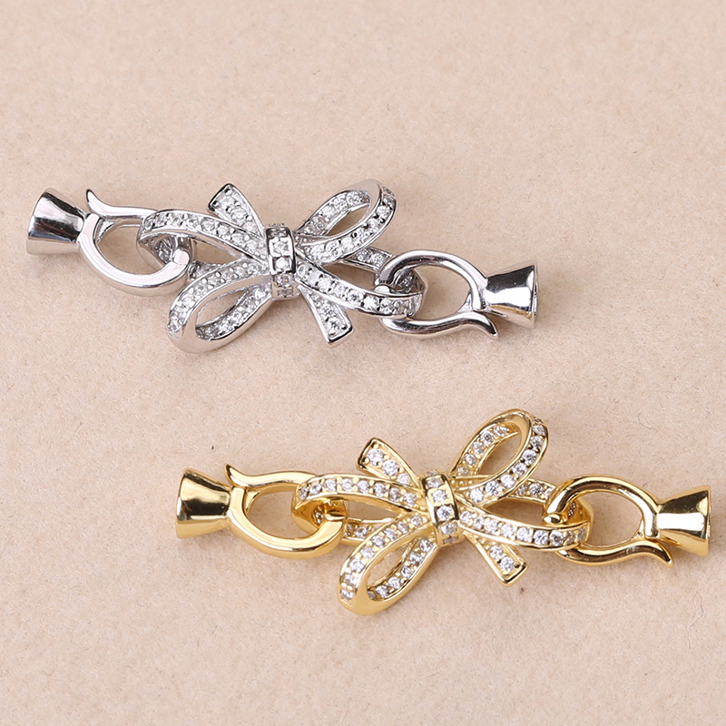 s925纯银饰品扣子 蝴蝶结珍珠手链项链毛衣链双搭扣 diy手工制作