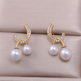 s925纯银珍珠双珠耳钉耳环空托 diy饰品制作 时尚耳坠银托半成品