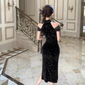 实拍高级感新中式 少女高端丝绒连衣裙 黑色挂脖改良旗袍2025年轻款