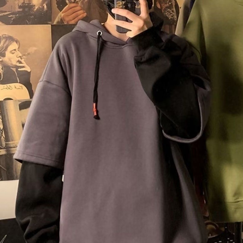 假两件连帽卫衣男连帽秋冬季加绒拼接上衣美式宽松重磅衣服潮流款