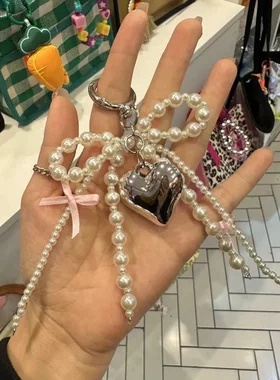 韩版珍珠蝴蝶结爱心挂件气质百搭包包挂饰汽车钥匙链少女心挂饰