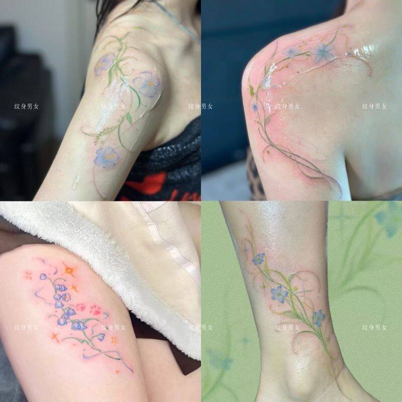蓝色花藤纹身贴防水防汗 设计感高颜值ins花朵环形肩膀手臂纹身
