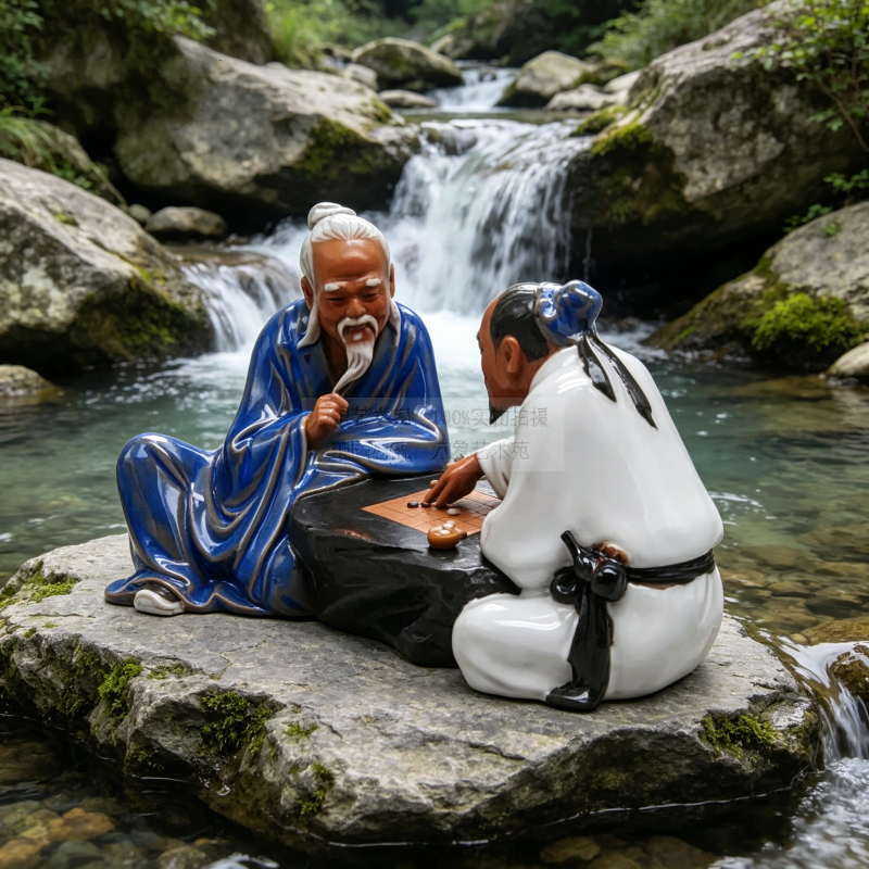 二人对棋下棋围棋雅趣陶瓷摆件家居书桌台屏风装饰品假山盆景配件