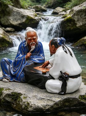 二人下棋雅趣陶瓷书桌台屏风摆件