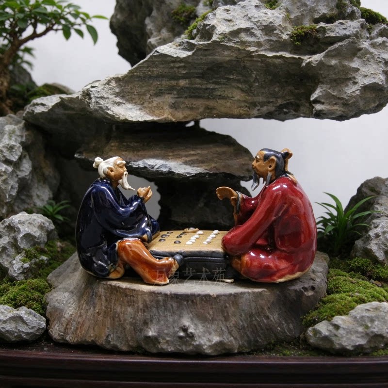 二人围棋对棋公陶瓷小摆件假山石山盆景鱼缸配件家居书架摆设