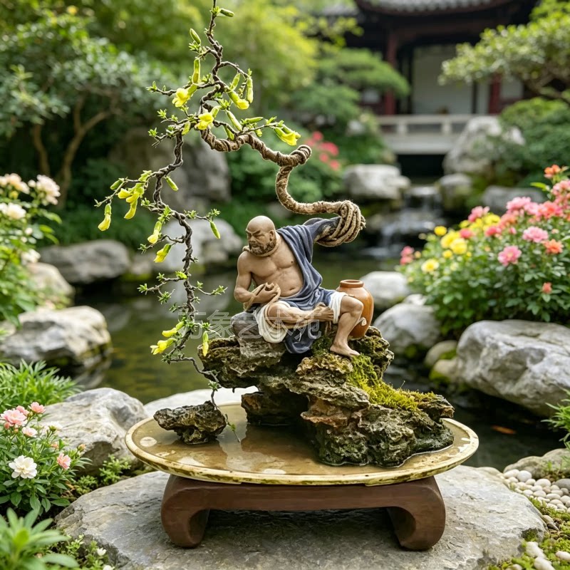 石湾鲁智深陶瓷摆件倒拔杨柳家居盆景盆栽假山造景水浒传人物装饰