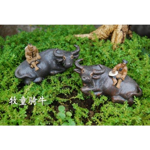 运财童子陶瓷山水盆景配件卧牛