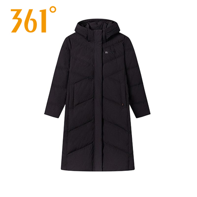 361°运动羽绒服女2025长款加厚连帽保暖防风黑色外套562444305N