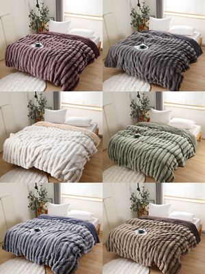 纪梵保罗婚庆抽条兔毛绒盖毯仿皮草毛毯双层保暖办公室沙发午睡毯