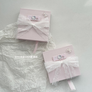 原创粉色蕾丝边蝴蝶结kt猫礼盒甜美少女心手链项链收纳盒首饰盒
