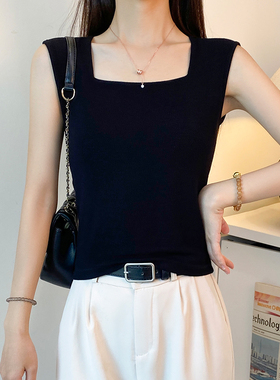 黑色螺纹方领宽肩吊带背心女西装内搭夏季修身打底显瘦外穿上衣潮