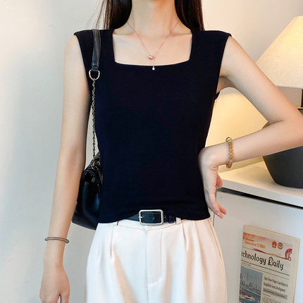 黑色螺纹方领宽肩吊带背心女西装内搭夏季修身打底显瘦外穿上衣潮