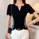 t恤女2025夏季 新款 修身 V领撞色短袖 设计感拼色打底衫 显瘦百搭上衣