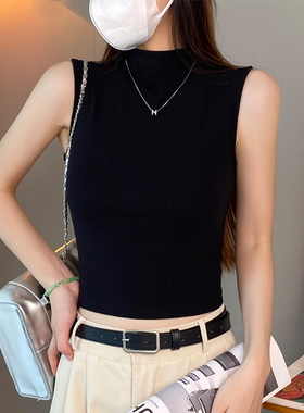 螺纹黑色半高领无袖吊带背心女春夏外穿短款内搭中领紧身打底上衣