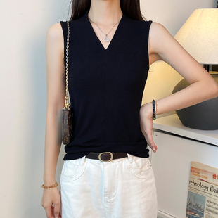 黑色螺纹深V领宽肩吊带背心女春夏内搭修身遮副乳打底外穿上衣潮