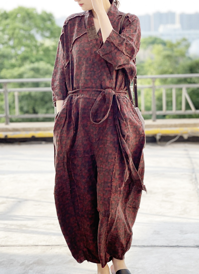 忆古朴拙22夏新品小众设计感古朴个性印花亚麻连体裤女斜襟连连体