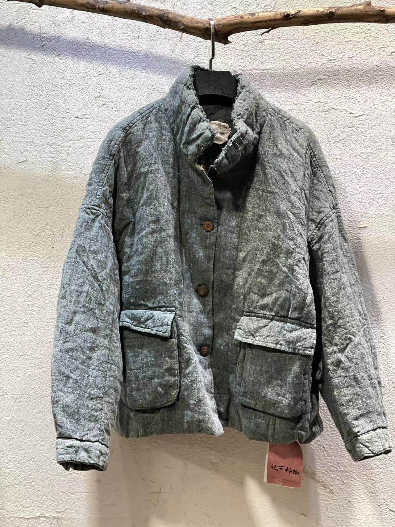 忆古朴拙冬季新品工装风毛边领子棉服高级淡绿色色织亚麻棉衣