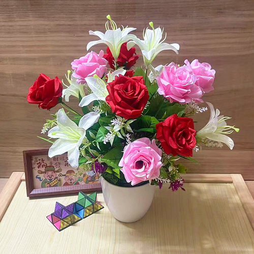 仿真花玫瑰花百合组合花绢花一束9朵假花客厅卧室餐桌茶几装饰花 - 封面