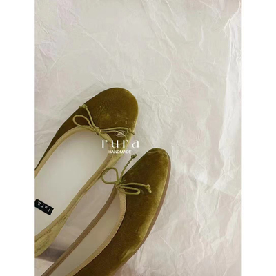 rura秋款蝴蝶结糖果色丝绒芭蕾舞鞋浅口单鞋（偏长）