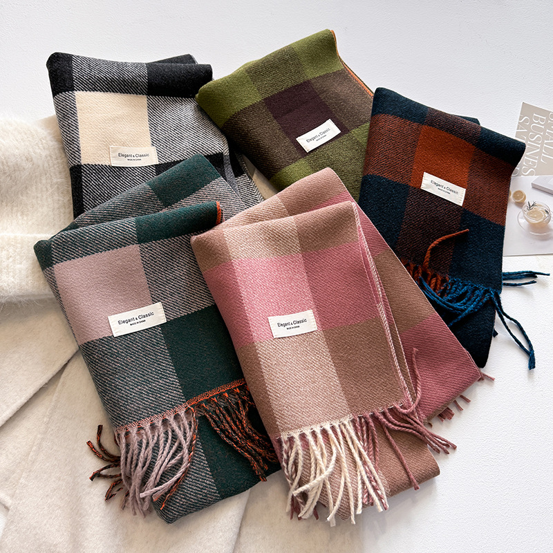 双面撞色格子围巾女秋冬新款英伦风大格子百搭格纹披肩学生围脖女